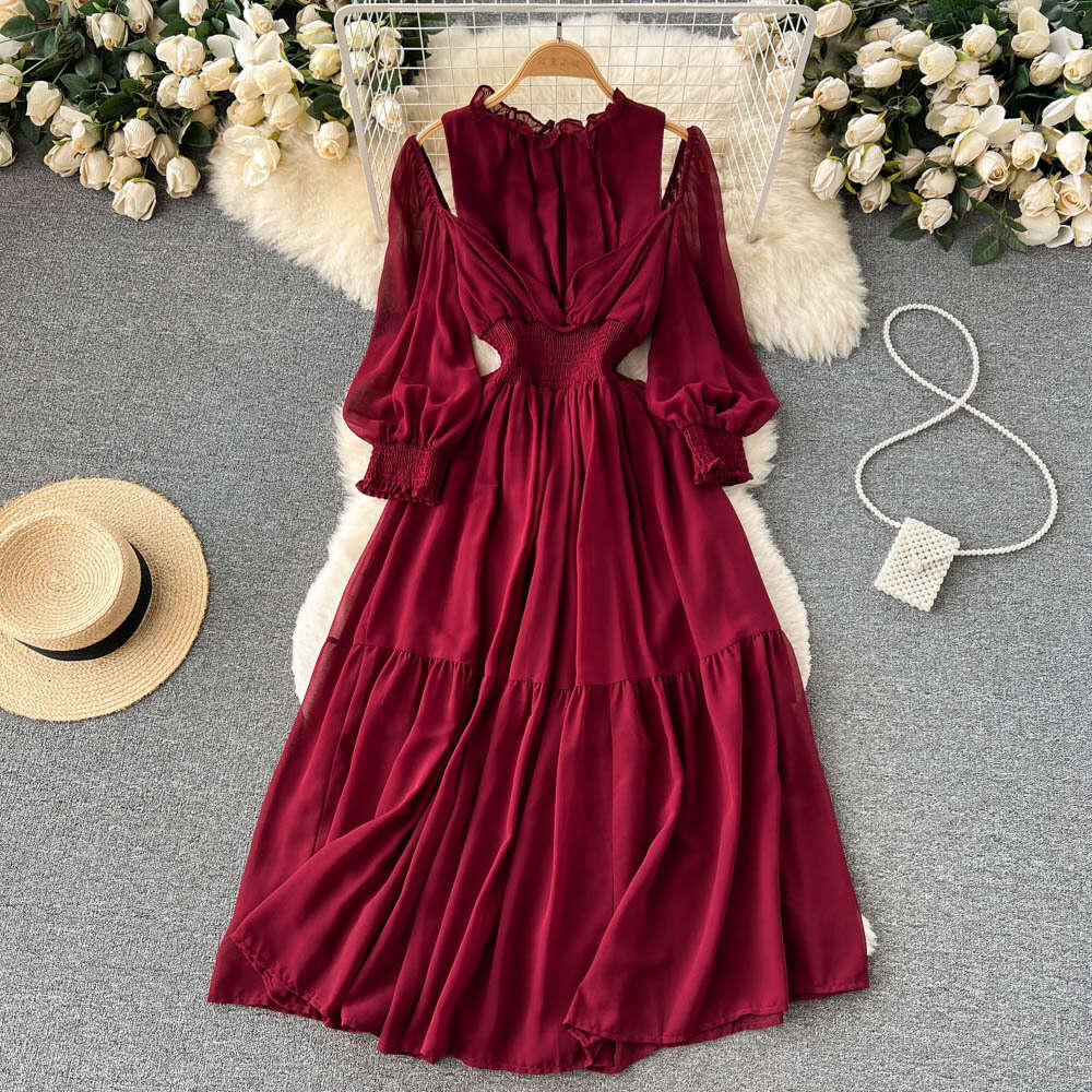 French Style Wooden Ear Edge Off Shoulder Bubble Sleeves with Waistband to Show Slimming Dress, Womens Large Hem Over the Knee Pleated Long Skirt BOHO
