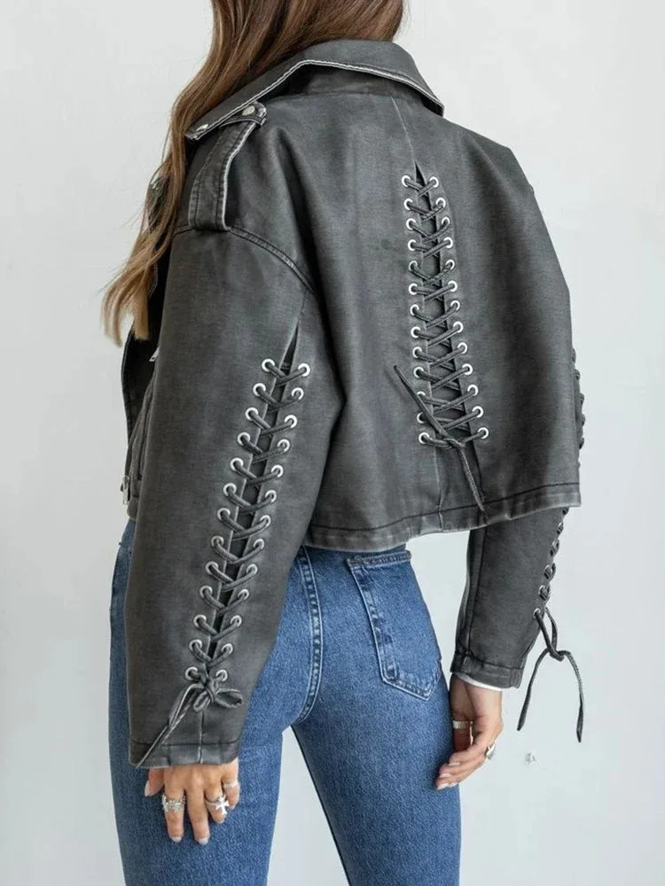 Vintage Bomber Jacket Women Lace Up Faux Leather Jacket Gothic Water Washed Streewear Coat Spring Autumn Women Clothing 240715