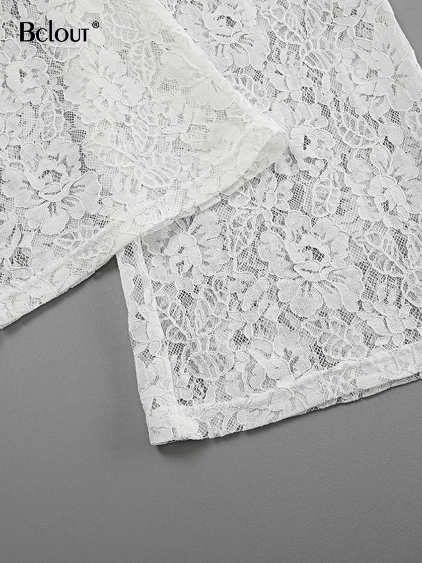 Bclout Fashion White Lace Flower Pants Women 2024 Spring Cotton Transparent Sexy Long Trousers Elegant Thin Wide Leg Pants Chic 240715