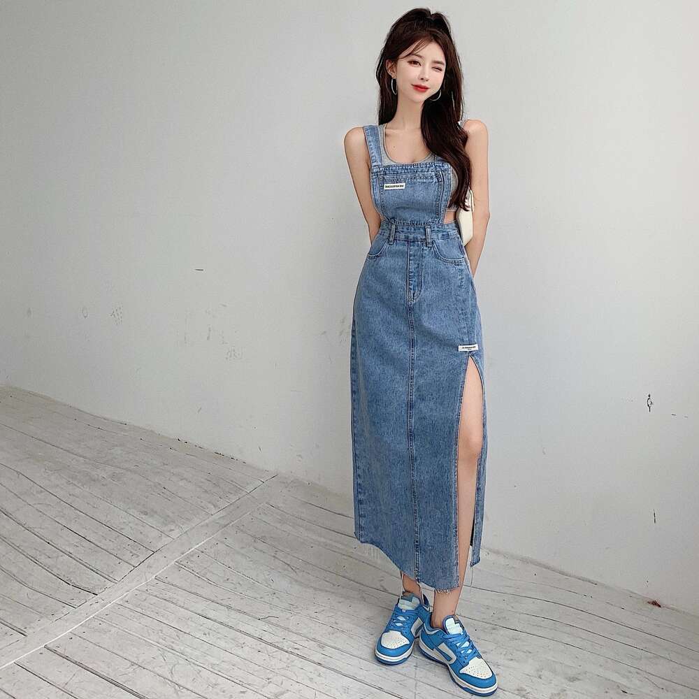 Fashion Spicy Girl Ins Trendy Label Shoulder Strap with Split Hong Kong Style Fringed Denim Skirt Fishtail Dress Temperament Self-cultivation Lace Dre