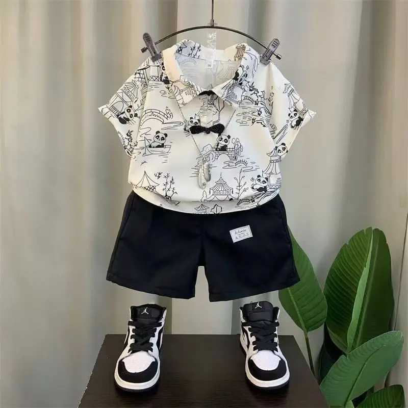 Clothing Sets Childrens Short sleeved Set New Boys and Babies Summer Cotton Shirt Shorts 2-piece Set of Childrens Chinese Clothing Suit 2-9Y