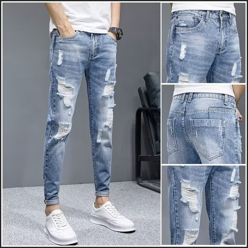 Korea Summer Korean men's jeans ripped fashion slim Jeans Men's Slim Fit boys' skinny pants COD