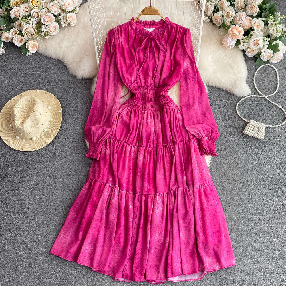 French Tea Break Skirt High End, Light Luxury Style, Wooden Ear Edge Standing Collar, Long Sleeves, Waist Wrapped, Slim A-line Dress Lace Dress Oversi