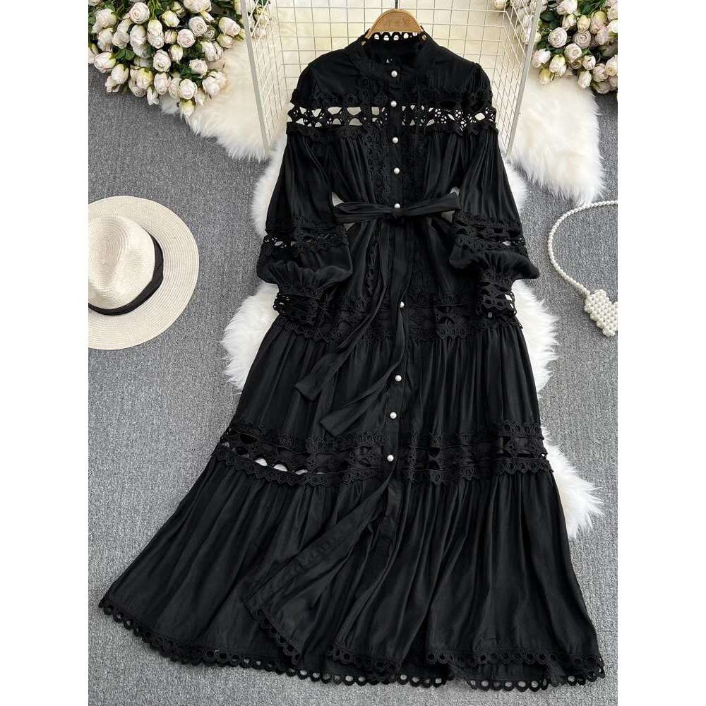 Palace Style Lantern Long Sleeved Stand Up Collar with Waistband Hollowed Out Single Breasted Elegant Dress Waist Self-cultivation Short Loose BOHO DR