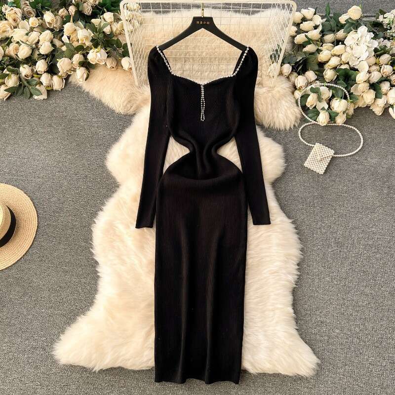 Autumn and Winter Dress with High-end Feel, Heavy-duty Diamond Inlaid Square Neck, Slim Fit, Buttocks Wrapped Skirt, Temperament, Medium Length Knitte