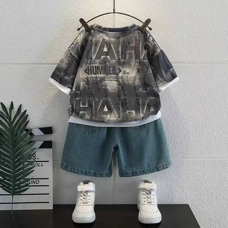 Clothing Sets Boys Set Summer 2024 New Western Style Childrens Middle and Big Boys Summer Fashion Korean Style Short Sleeve Two Piece Set