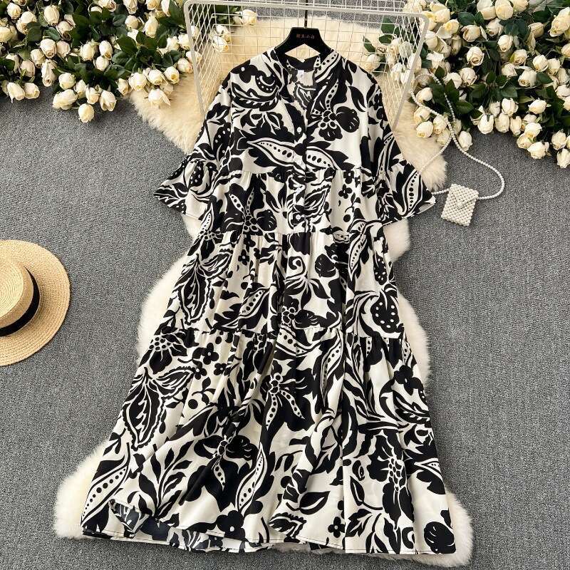 Large Size Womens Clothing, Lazy Loose Printed Dress, Westernized Style, Age Reducing, Slimming Temperament, Covering Flesh and Sagging Feeling, Long 