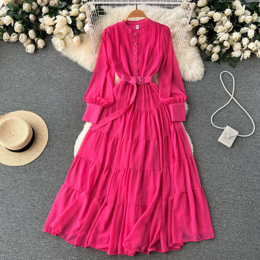 Spring New V-neck Single Breasted Chiffon Dress for Women French Style Waist Up Slimming and Large Hem A-line Long Skirt, Trendy Lace Dress Round Neck