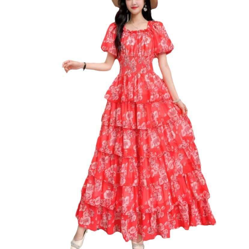 Fragmented Chiffon for Womens Summer New Bubble Short Sleeved Waist Slimming Holiday Luxury Cake Dress Fishtail Dress Waist Short BOHO DRESS High Wais