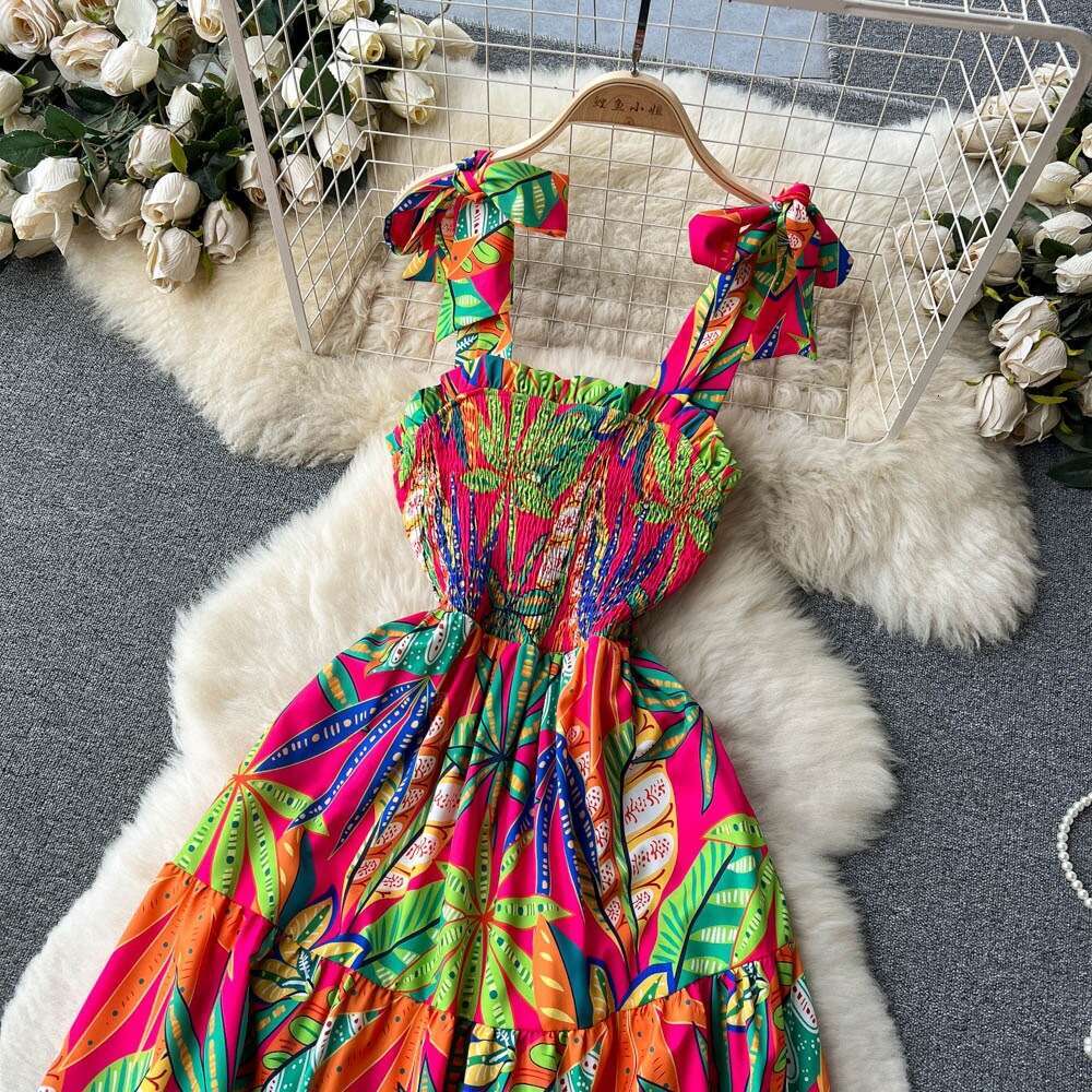 Travel Vacation Skirt Summer New Bra Tie Off Shoulder Waist Large Hem Printed Dress Short Novelty Self-cultivation Temperament Denim Dress Lace Dress