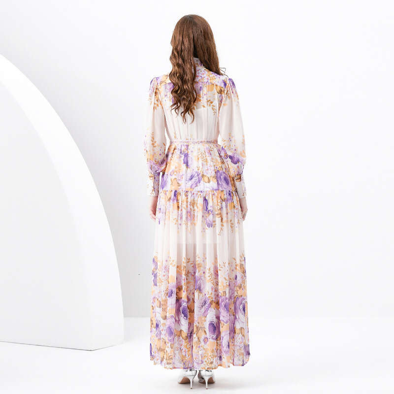 Spring/summer 2024- Palace Style Standing Neck Lantern Sleeves Wave Edge Long Printed Dress Loose Waist Self-cultivation Sexy Bifurcated Oversize Dres
