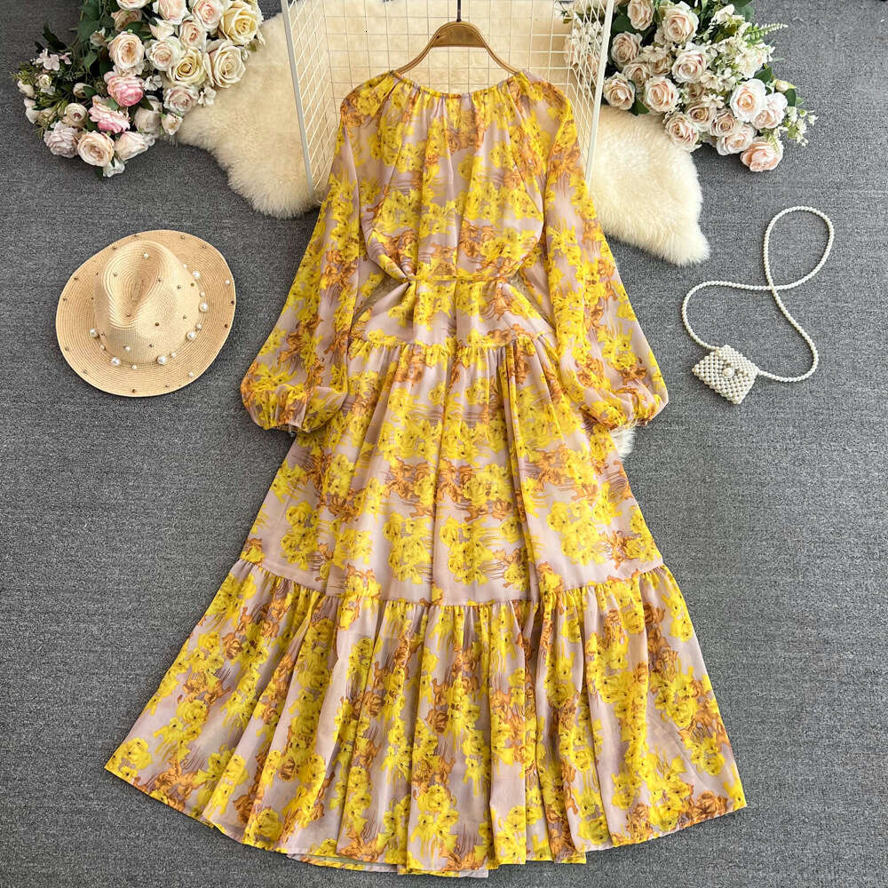 Summer French Tea Break Big Swing Skirt Gentle Style Long Sleeved V-neck Waist Cinching for Slimming A-line Ruffle Edge Printed Dress Denim Dress Silk