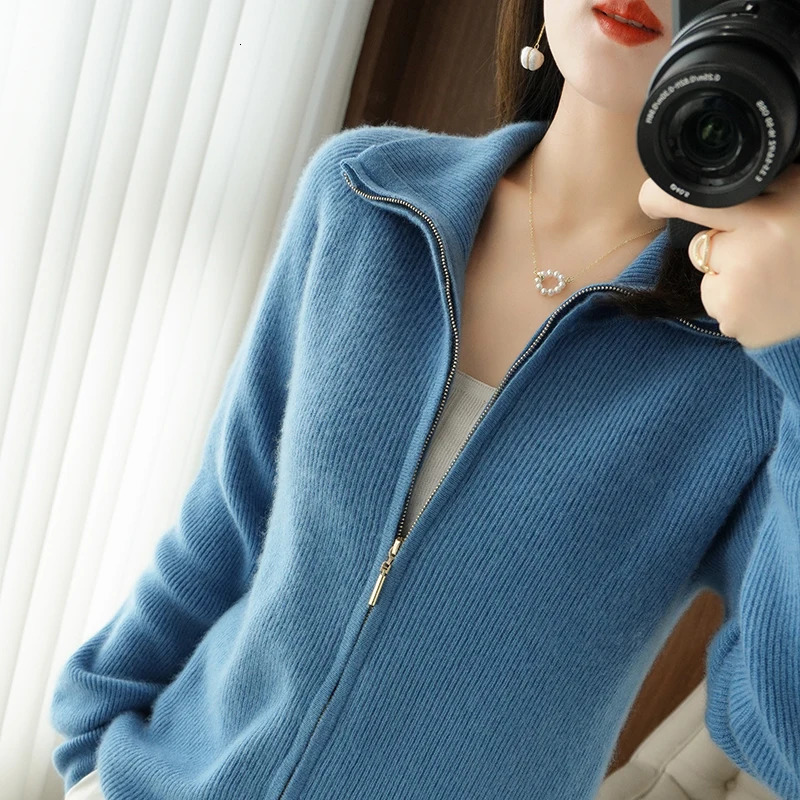 Autumn and Winter Women 100% Wool Cashmere Sweater Ladies Zipper Lapel Cardigan Warm Knitted Jacket 240712