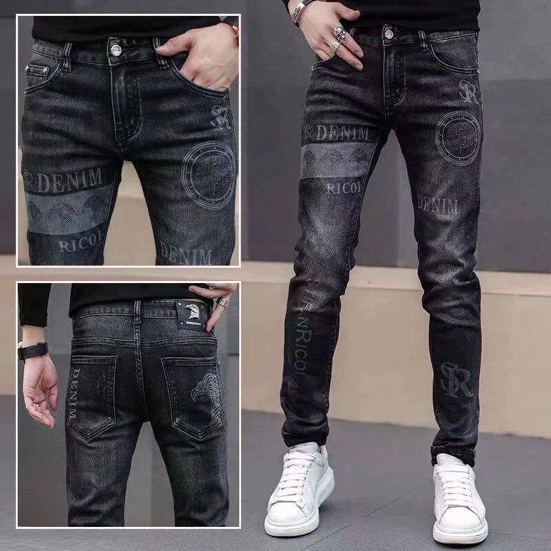 Gray jeans spring and autumn men's elastic slim feet pants Korean casual trend all-match