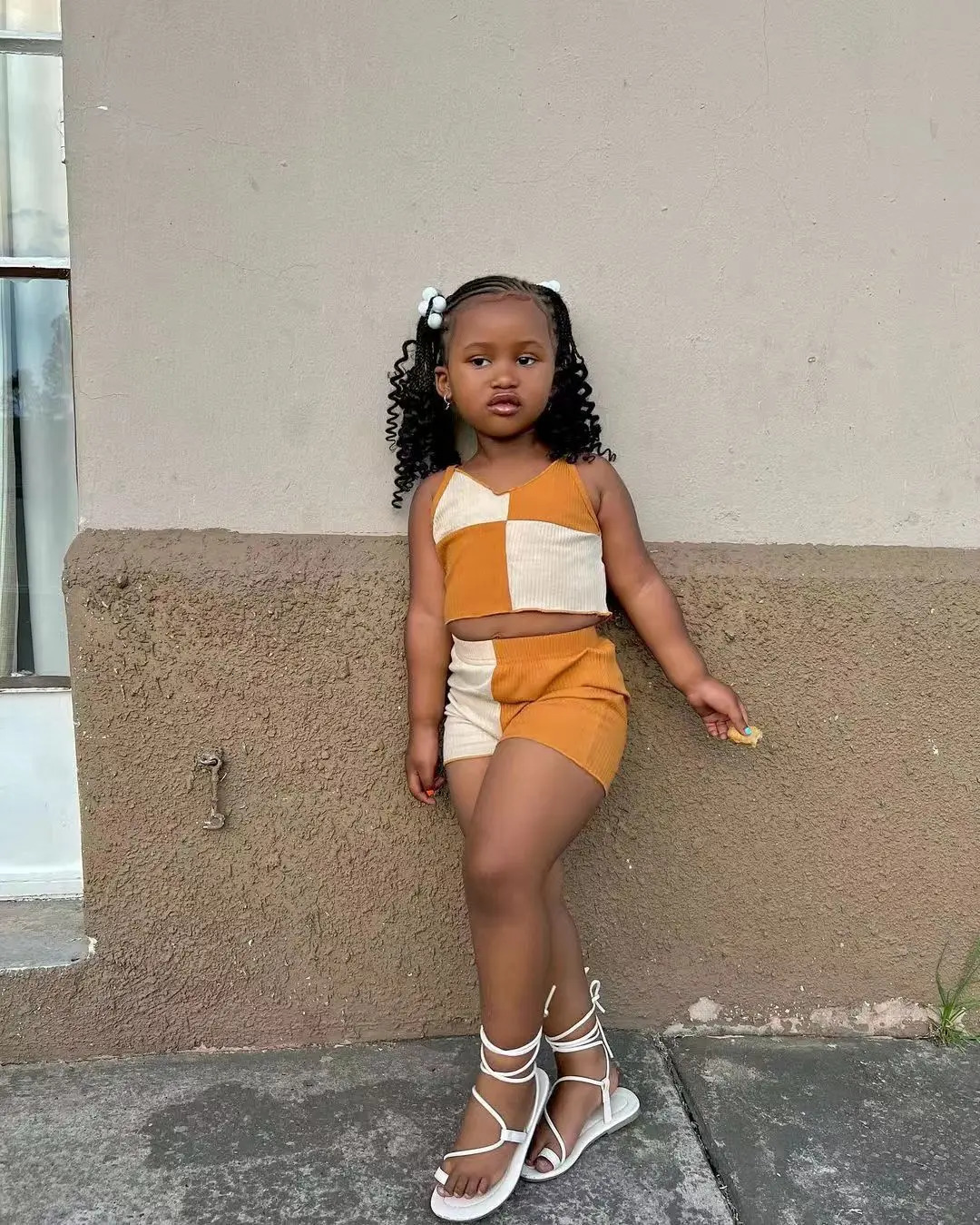 Kids Baby Childrens and girls clothing Summer color matching sleeveless suspenders backless shorts vest Casual set Age 3-8 240709