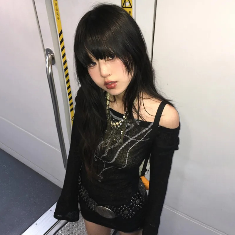 Karrram Japanese Y2k Knitted Tops Grunge Tattoo Print Long Sleeve T-shirt Ribbed Vintage Harajuku Shirring Knitwear 2000s Gothic 240716