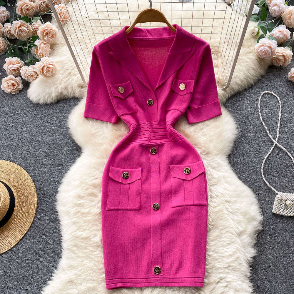 Xiaoxiangfeng Knitted Dress for Womens Summer 2022 New Style French Niche Collar, Waist Cinching, Slimming Style, Hip Hugging Skirt Short Round Neck D