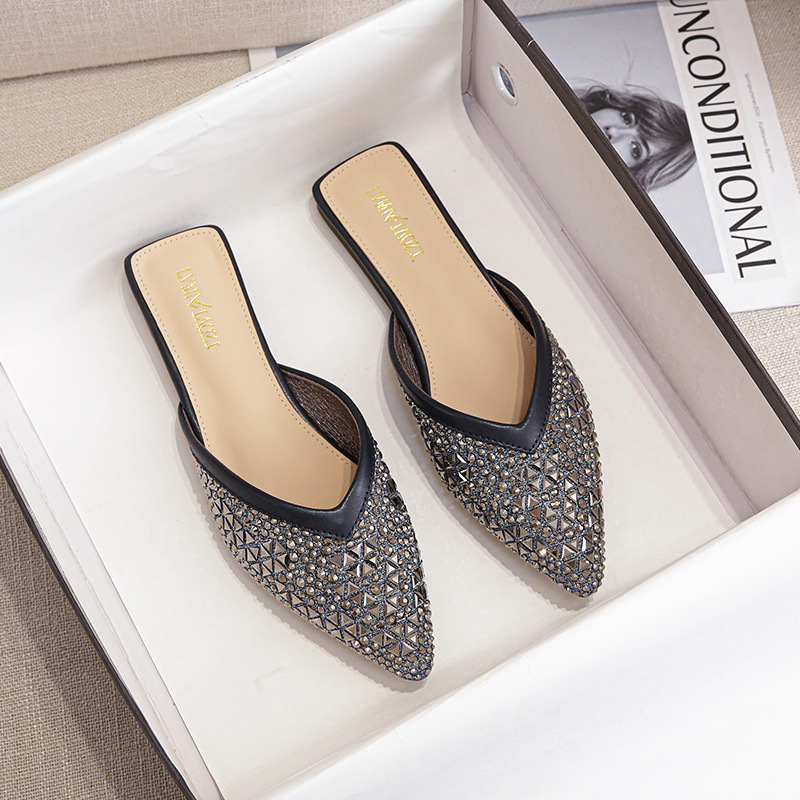 Designer New Crystal Beading Summer Shoes New Wearing Outside Woman Pointed Toe Glitter Rivets Slippers Female Slides Sequines Sandals Big Size 43