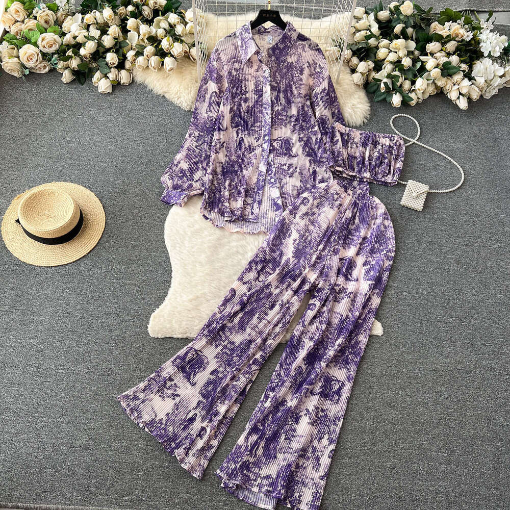 Dopamine Sister Pure Desire Fashion Set Women's Spring/summer Loose Pleated Shirt+bra+draping High Waist Pants Long Summer Dress Novelty Waist Ov