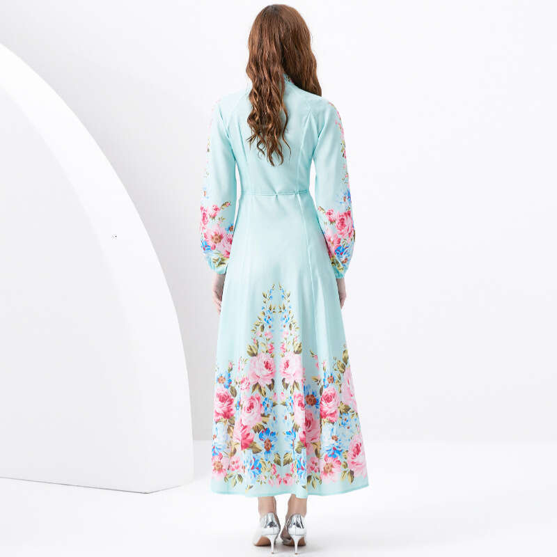 Spring/summer 2024- Vacation Style Stand Up Collar Single Breasted Diagonal Cut Printed Wide Hem Long Dress Loose Self-cultivation Pregnant Womens Dre