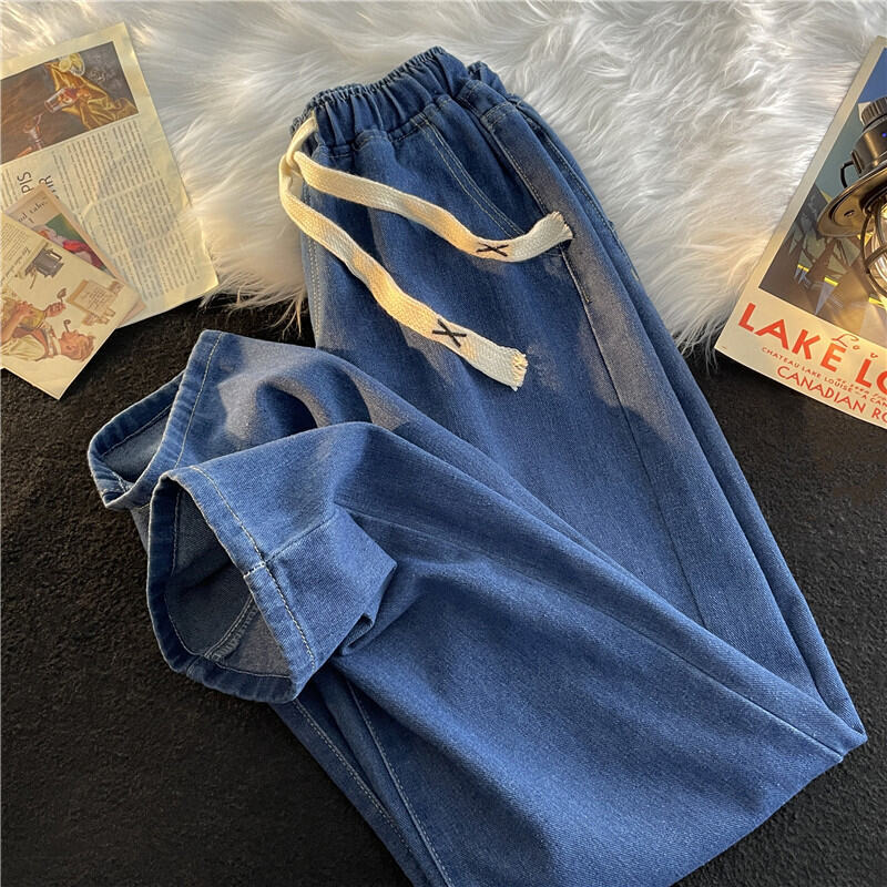 Denim Men's Winter Baggy Straight Trousers High Street Ulzzang Handsome Elastic Waist Pure Color American Loose Pants