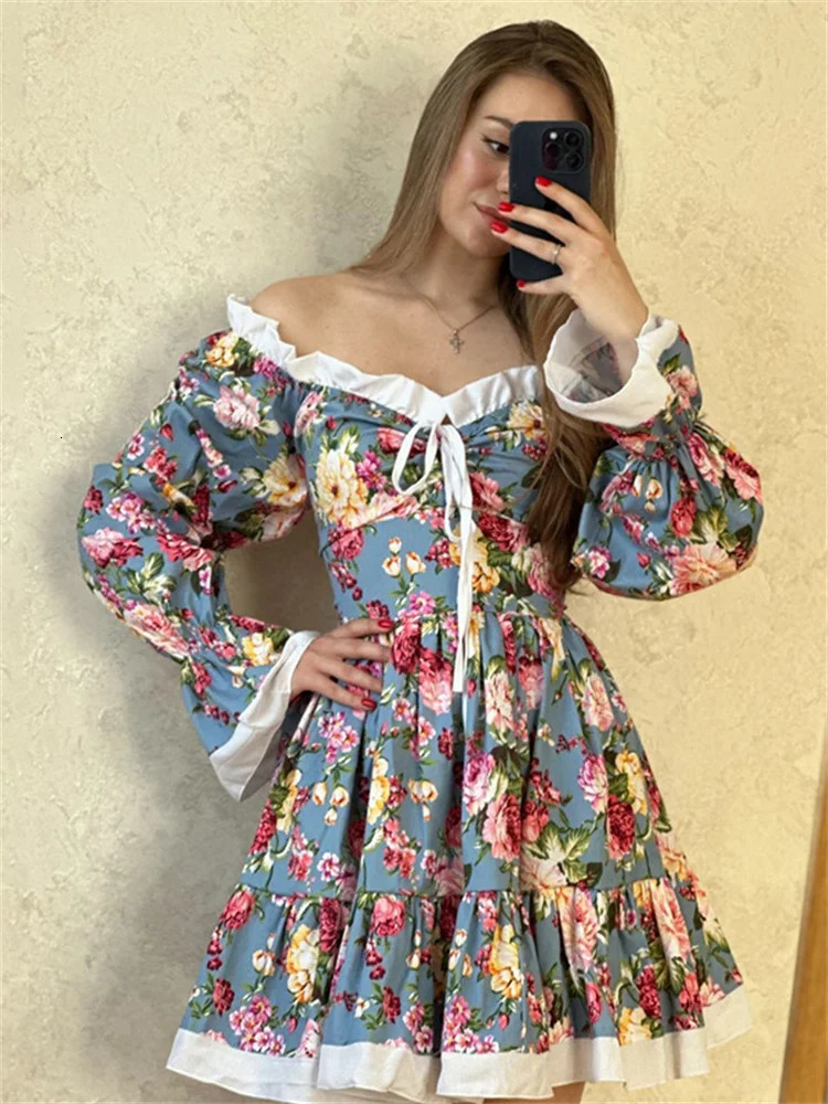 Tossy Ruffled Printed LaceUp Mini Dress Womens VNeck Patchwork High Waist Bandage Fashion Backless Ladies Summer 240712