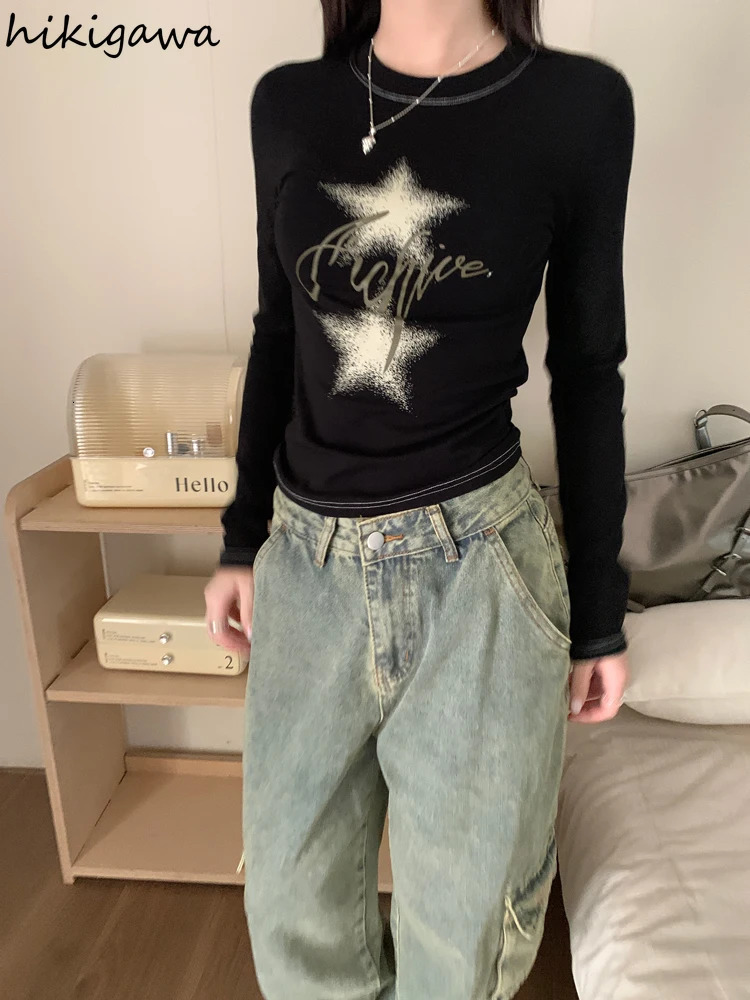 Star Print Woman Tshirts Long Sleeve Tunic Crop Tops O-neck Fashion Tees Ropa Mujer Casual Korean Y2k T Shirt Women Clothes 240715