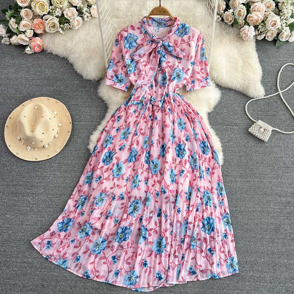 French First Love Sweet Short Sleeved Bowtie Tie Waist Slimming Mid Length A-line Pleated Flower Dress Waist Short Loose Temperament Pregnant Womens D
