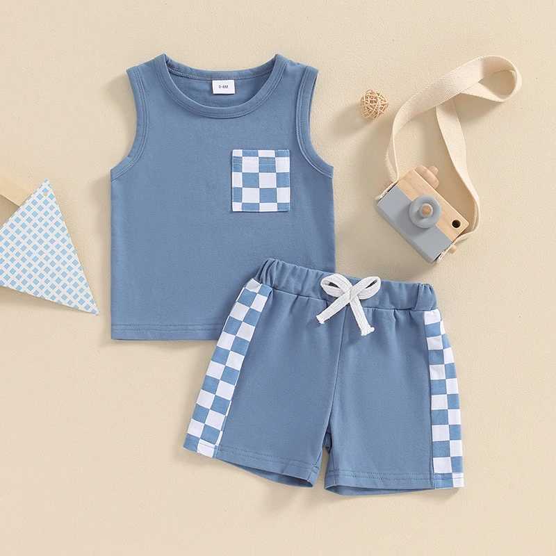 Clothing Sets Summer Infant Toddler Sleeveless Shorts Set Baby Kids Boys Cotton Pocket Tank Tops+Checkerboard Shorts Two-piece Suit 0-4Y