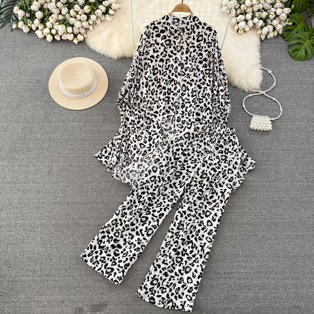 Fashion Womens Bat Sleeve Loose Irregular Single Breasted Leopard Print Shirt Two-piece Set High Waisted Wide Leg Pants Short Waist Denim Dress Silk D