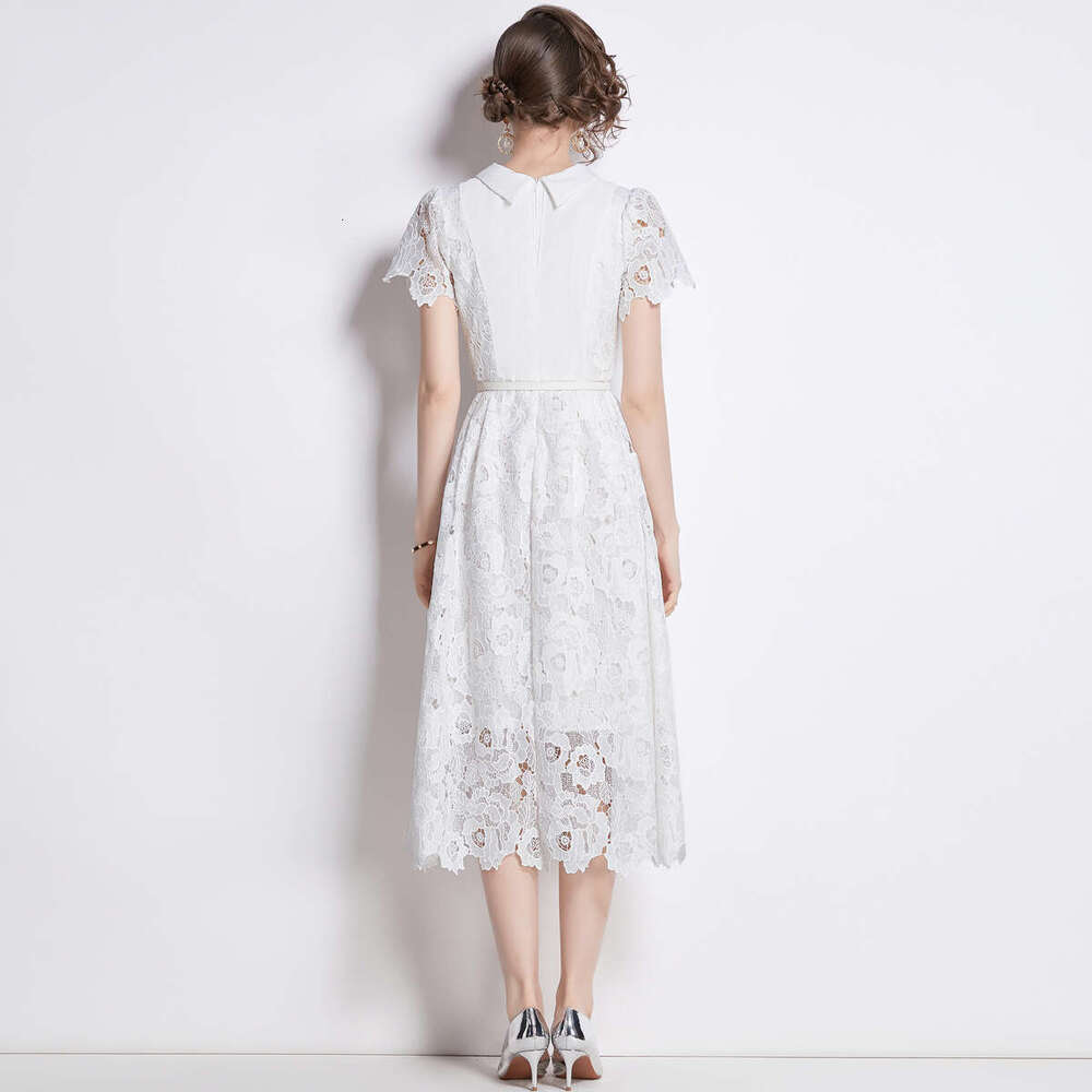 2024 Summer New Celebrity Style French Lace Bubble Sleeves Wrapped Waist White Dress Self-cultivation Temperament Bifurcated Novelty BOHO DRESS Denim 