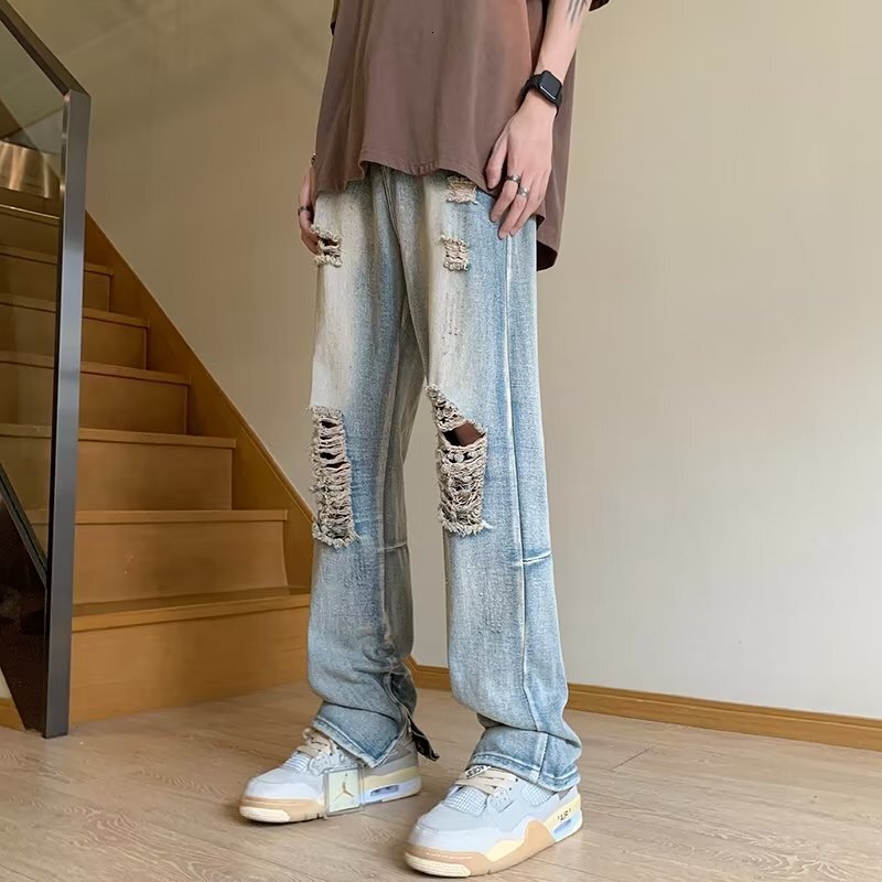 Yellow mud ripped jeans summer thin American high street men's trendy pants style zipper slightly flared