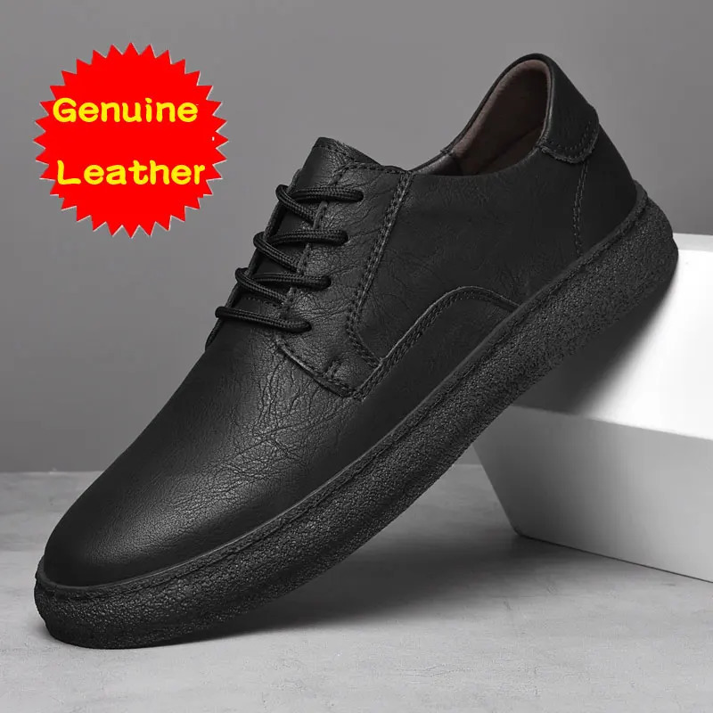 Leather mens casual sports shoes breathable round toe anti slip embossed flat plate spring autumn lightweight walking sports shoes 240715