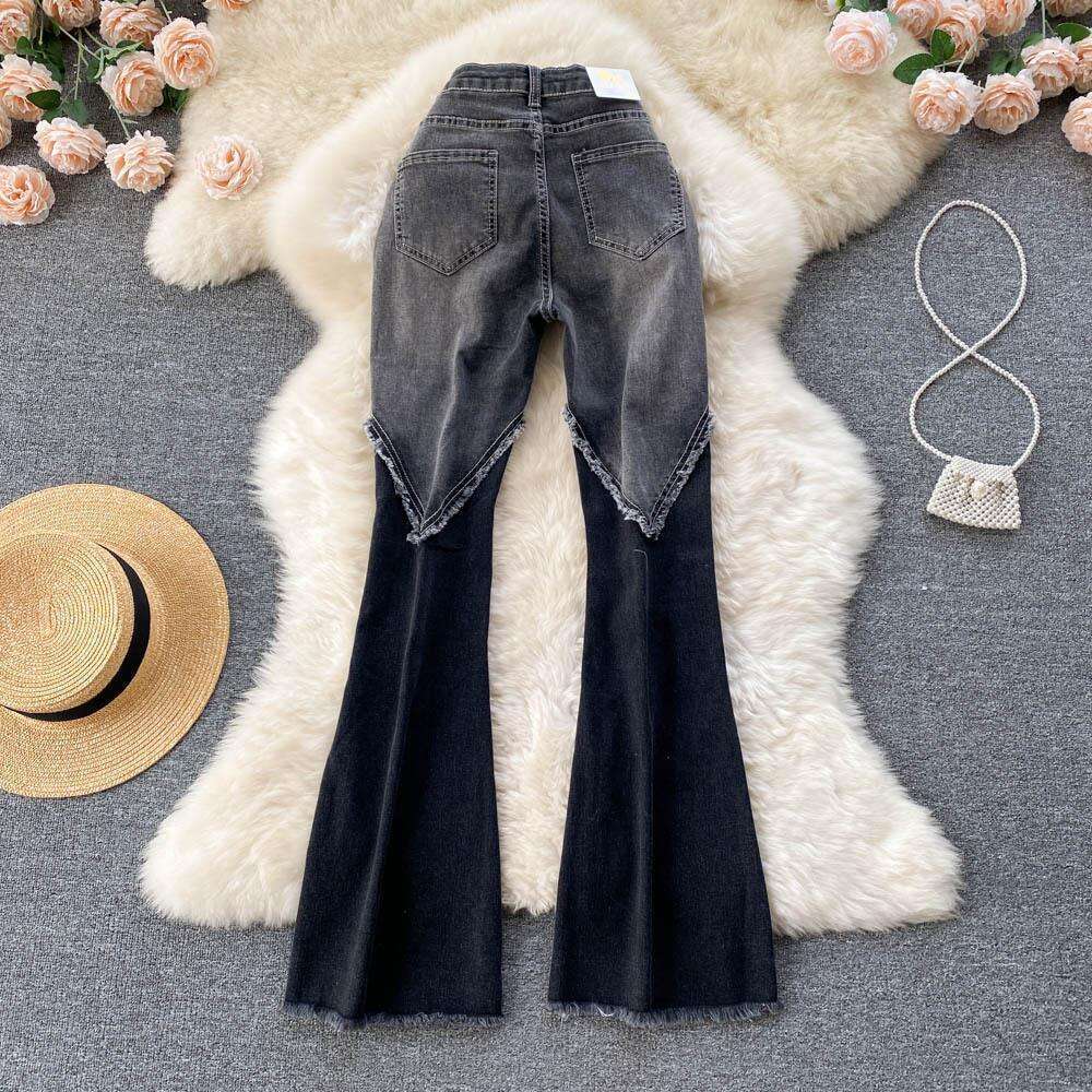 Design Inspired Patchwork with Ruffled Edges and Micro Jeans for Women's Spring/summer 2022 New Fringe Elastic Thin Style Slim Flared Pants