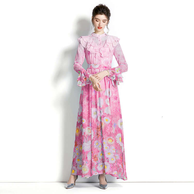 Design-2023 Early Spring Stand Up Collar, Ruffle Edge, Flare Sleeves, Long Printed Dress Fishtail Dress Self-cultivation Sexy Oversize Dress SKINNY DR