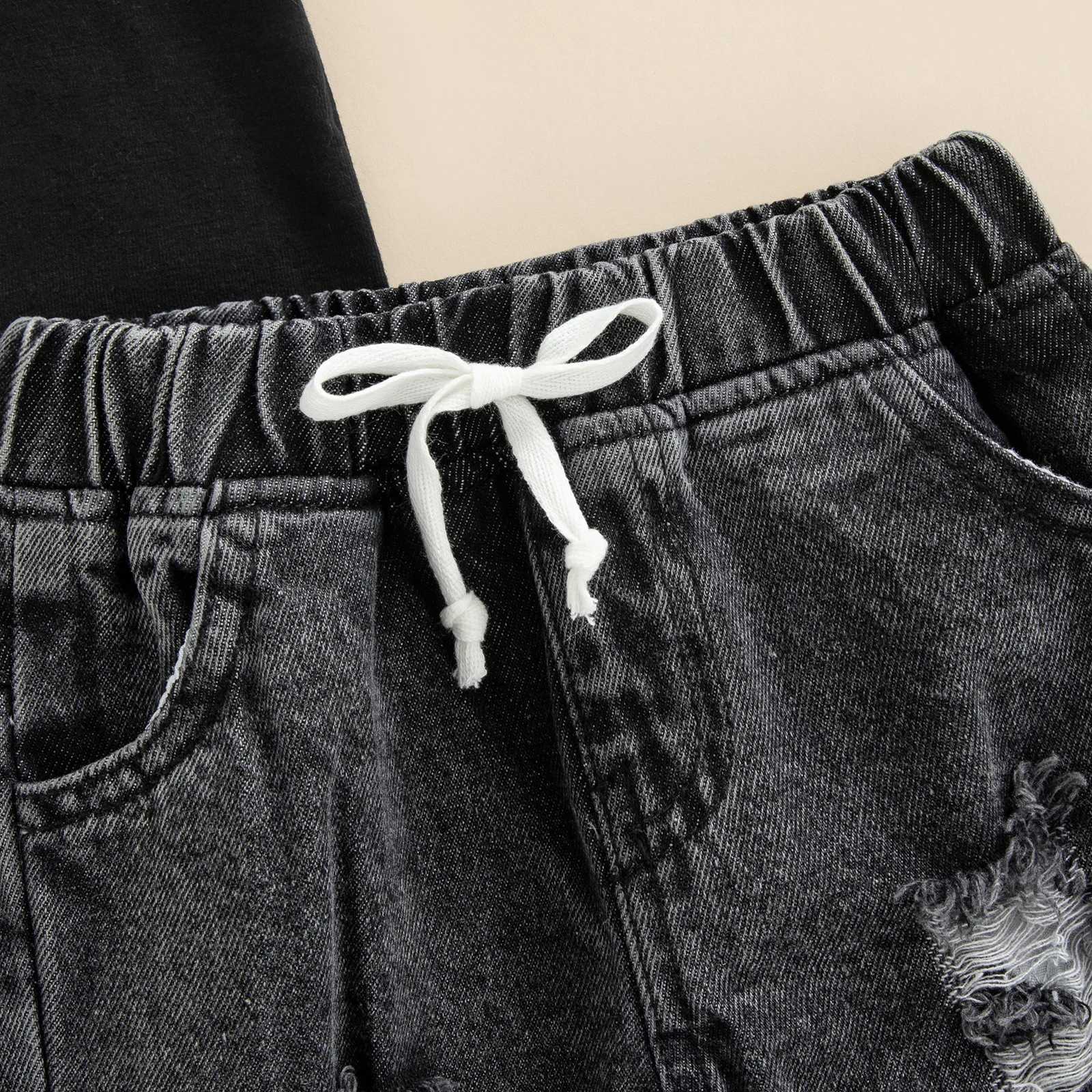 Clothing Sets Infant Baby Boys 2 Pieces Outfits Summer Solid Color Short Sleeve T-Shirt Tops + Ripped Jeans Denim Pants Set 0-3Y