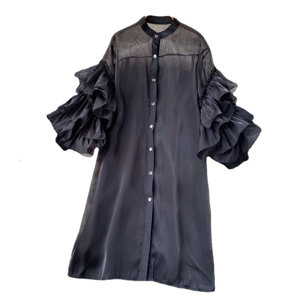 Spring Style Western-style Design with French Ruffle Edge and Three-dimensional Flower Sleeves, Loose Single Breasted Dress High Waist Dress Oversize 