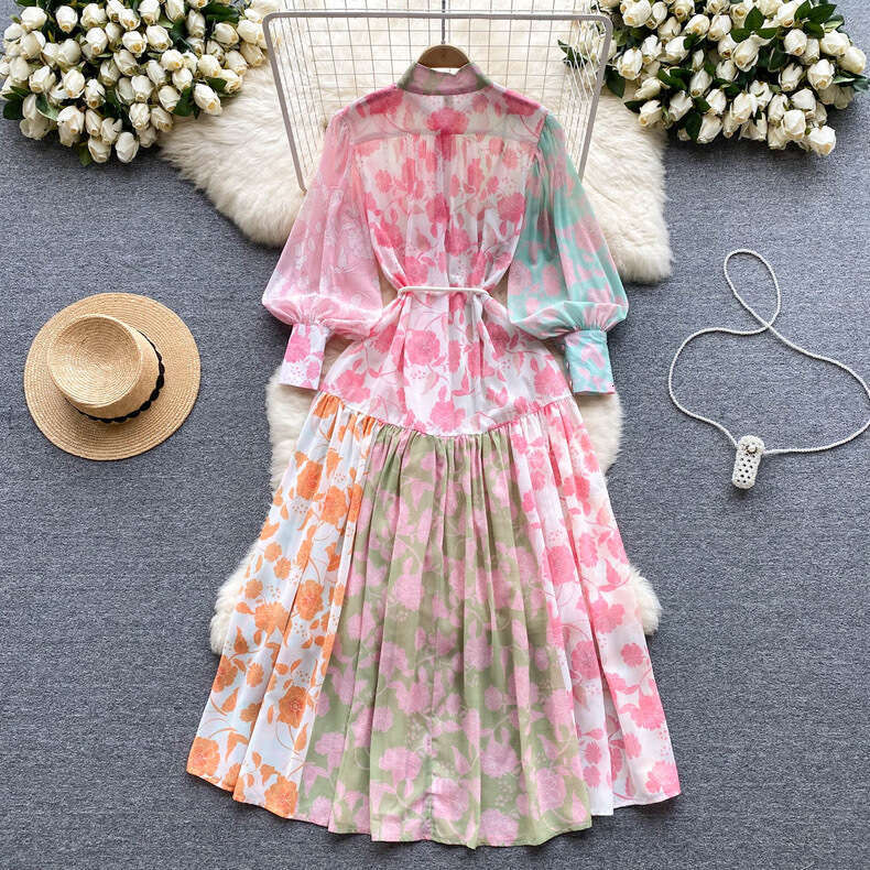 Spring/summer Thin French Luxury Stand Up Neck Single Breasted Lantern Long Sleeve Lace Up Waist Print Dress Sexy Bifurcated Waist Short Pregnant Wome