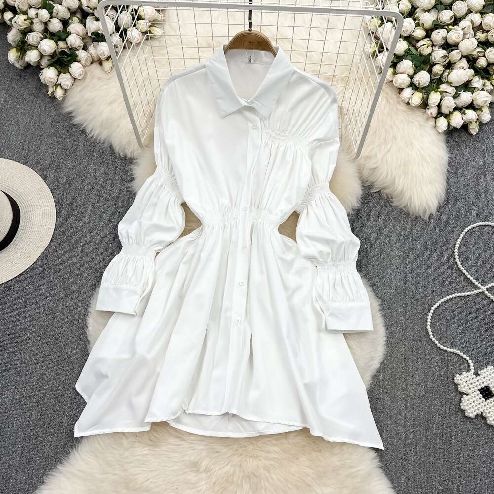 Hong Kong Style Single Breasted POLO Collar Slimming Shirt Skirt Spring High Waisted Long Sleeved Loose A-line Dress Temperament Silk Dress Round Neck