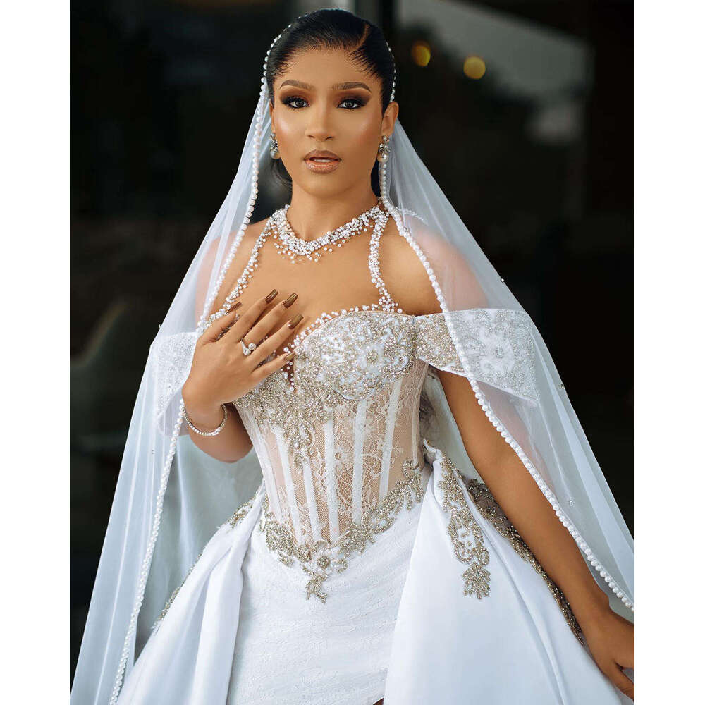 Gorgeous Pearls Mermaid Wedding Dresses Crystal Beading Bridal Gowns with Detachable Train Lace Custom Made Vestido de novia