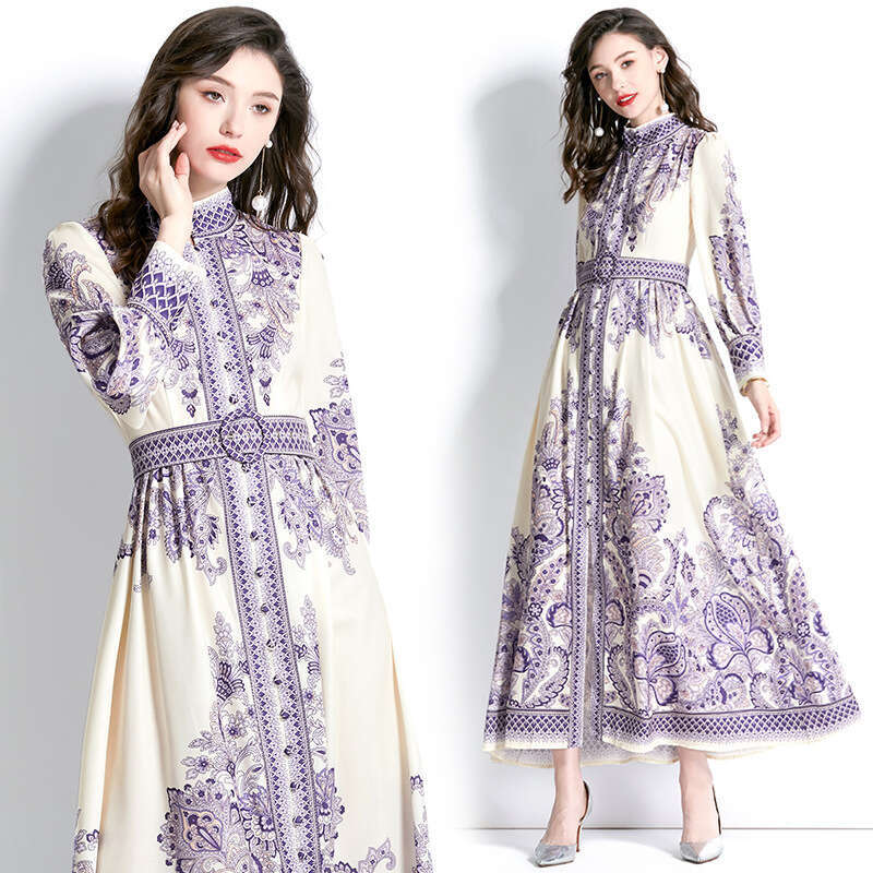 Hot Selling Spring/summer 2023 Womens Palace Vacation Style Stand Up Collar Lantern Sleeves Long Printed Dress Sexy Temperament Round Neck Dress SKINN