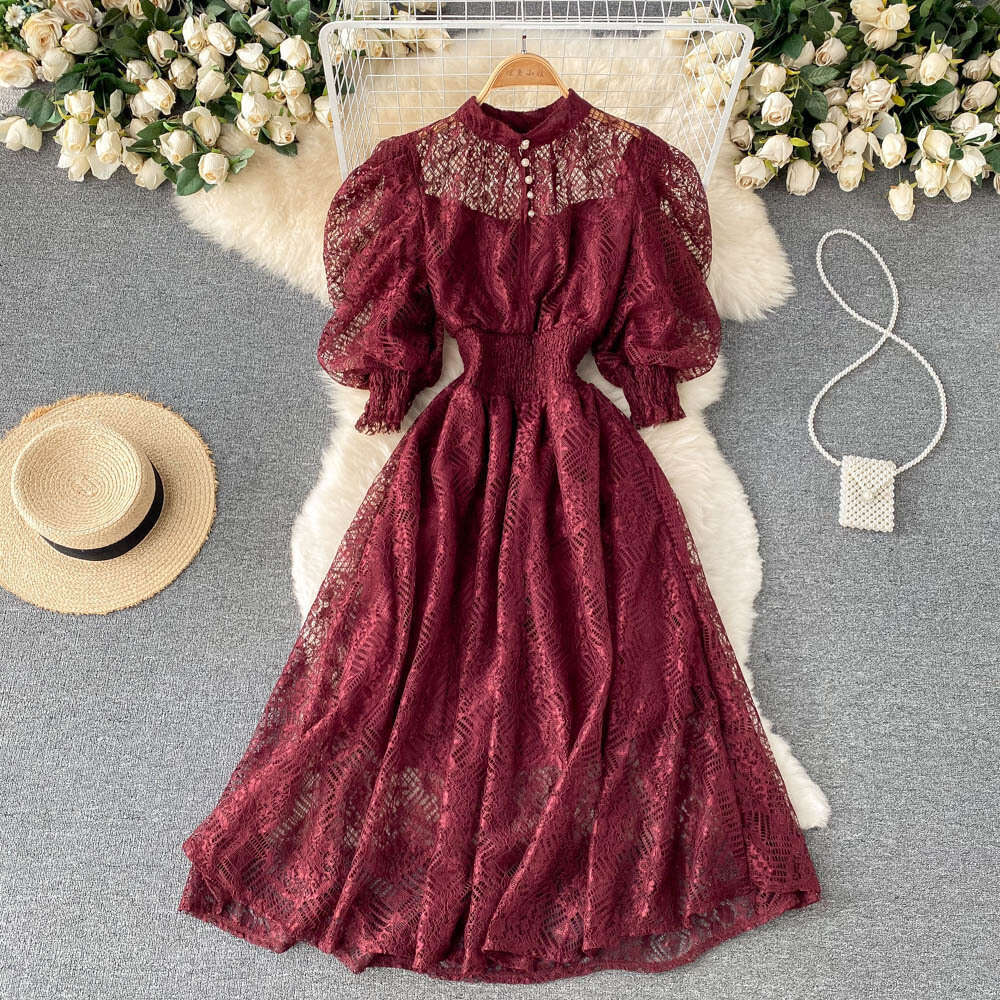 Court Elegant Lace Feminine Style Standing Neck Waist Slim Bubble Sleeves Luxury Feeling Over Knee Long Dress Sexy Dress Short Self-cultivation Silk D