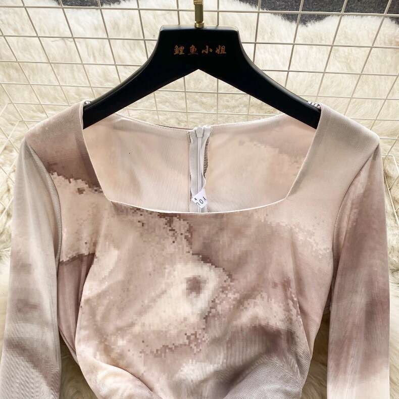New Spring Style Square Neck Slim Fit Mid Length Knee Skirt Small and Irregular Halo Dyed Long Sleeve Dress Sexy Temperament Denim Dress