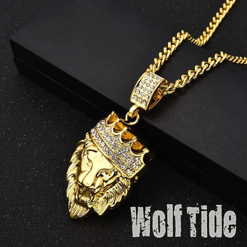 18k Real Gold Diamond Lion With Crown Head Hip Hop Pendant Necklace Hiphop Yellow Iced Out 5A Cubic Zirconia Gemstone Wolf Tide Jewelry Gifts For Men 