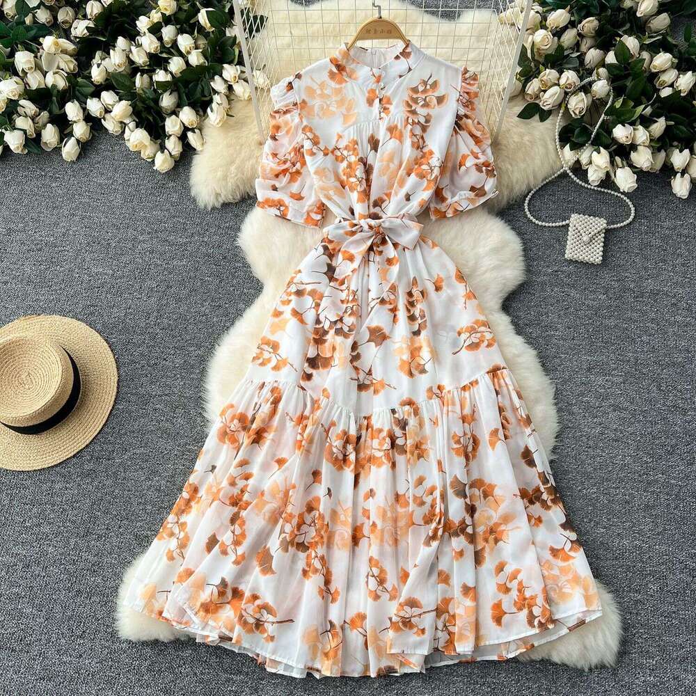 Summer Design Feeling Pleated Bubble Sleeve Dress Women with Waist Cinching Strap for Slimming Temperament, Ruffle Edge Printed Chiffon Skirt Oversize