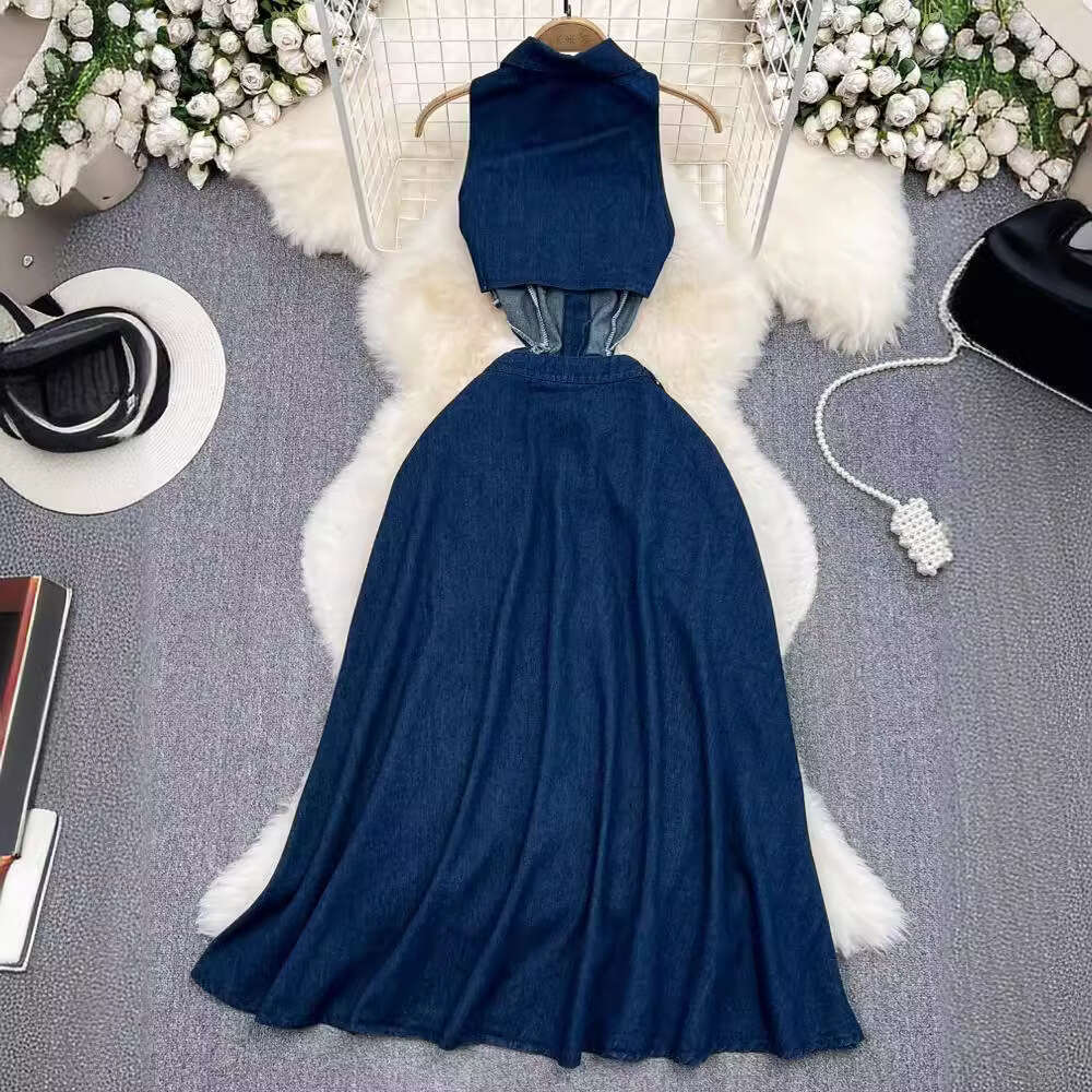 Flip Collar, Hollowed Out, Exposed Waist, Waistband, Slimming Effect, Sleeveless Single Breasted A-line Split Denim Dress, Casual Long Dress BOHO DRES
