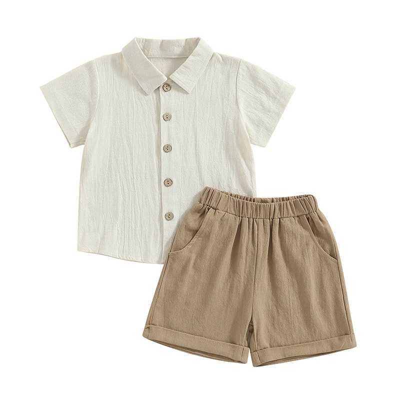 Clothing Sets 2Pcs Little Boys Outfit Toddlers Summer Solid Color Lapel Short Sleeve Single-breasted Shirt Tops + Elastic Waist Shorts