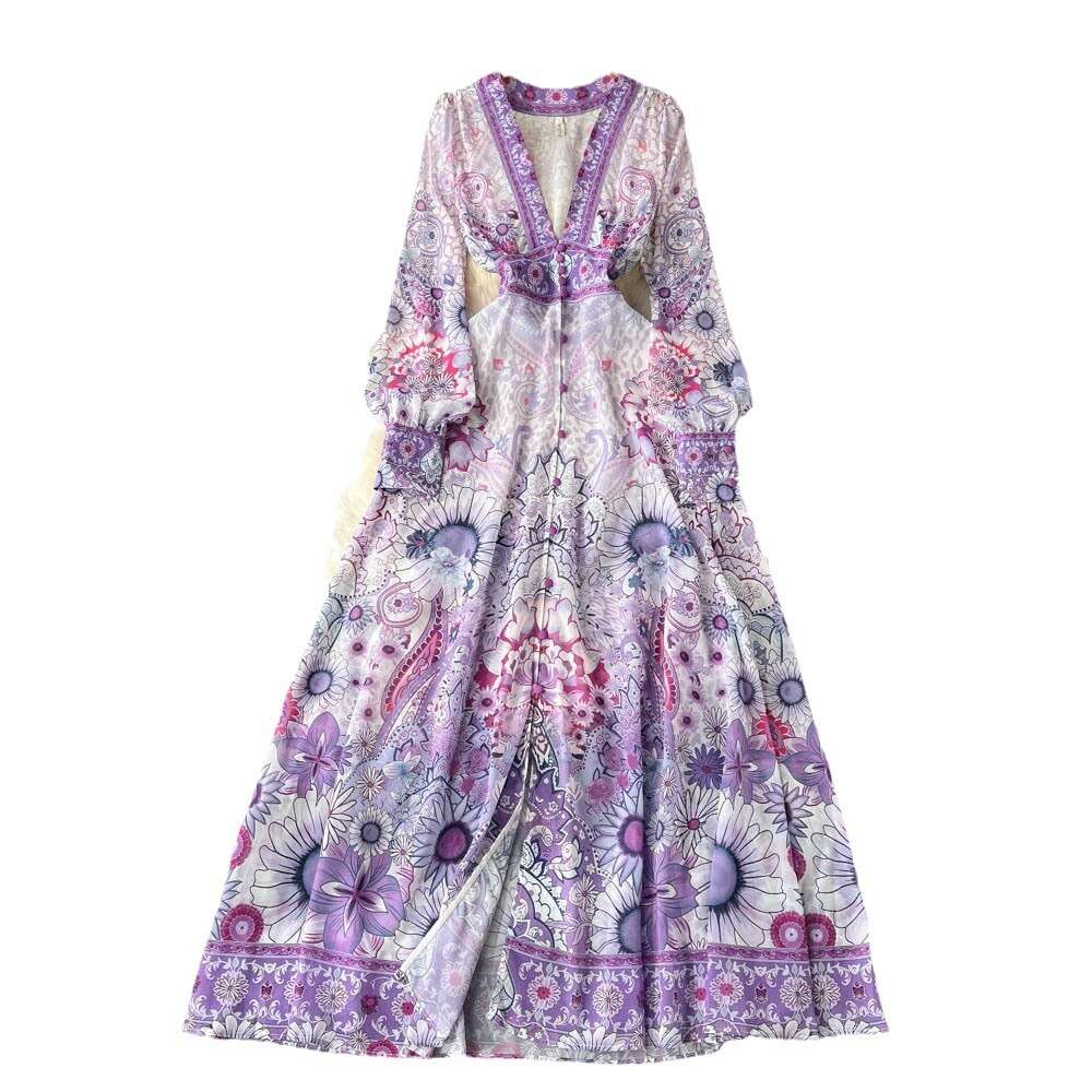 Spring and Autumn Seasonal Fake French V-neck Long Sleeved Printed Womens Waist Wrapped A-line Large Swing Dress Short Bifurcated Oversize Dress Lace 