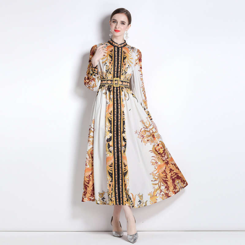 Womens Early Spring 2023 New Palace Style Standing Collar Dress with Button Design and Printed Long Skirt Bifurcated Oversize Dress Round Neck Dress