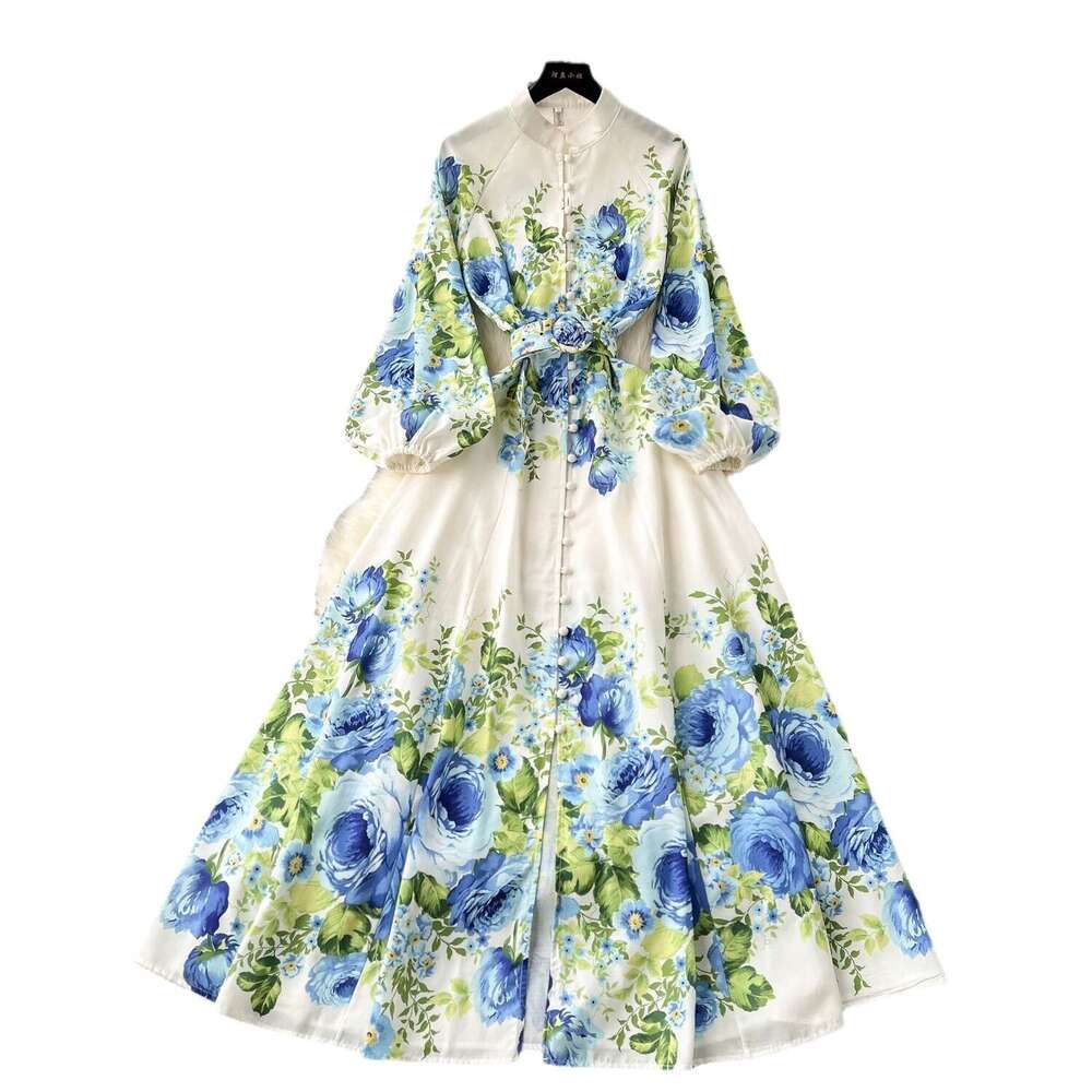 Flower Series Spring Clothing 2024 New High-end Printed Slim Fit Long French Style Bubble Sleeve Temperament Dress Waist Self-cultivation Short SKINNY